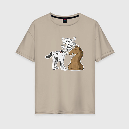 Женская футболка оверсайз Кошка Хома и шахматный конь / Миндальный – фото 1