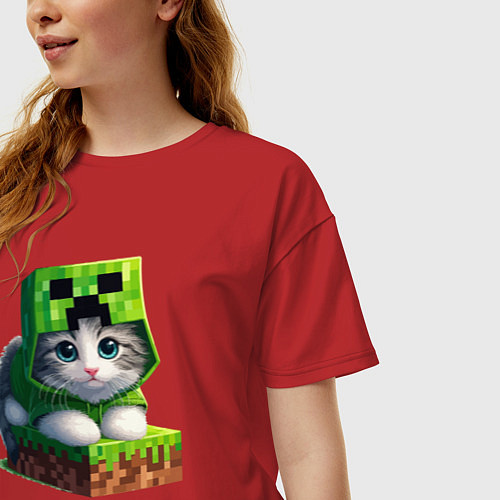 Женская футболка оверсайз Kitten creeper collaboration - ai art / Красный – фото 3