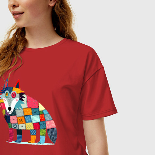 Женская футболка оверсайз Funny wolf - patchwork ai art / Красный – фото 3