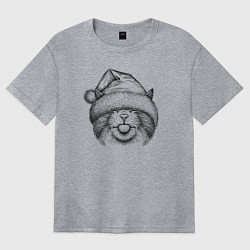 Футболка оверсайз женская Кот в новогодней шапке, цвет: меланж