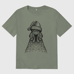 Футболка оверсайз женская Петух в новогодней шапке, цвет: авокадо