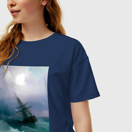 Женская футболка оверсайз Корабль среди бурного моря / Тёмно-синий – фото 3