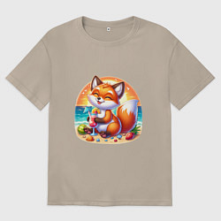 Футболка оверсайз женская Лисы на пляже пьет коктейль, цвет: миндальный