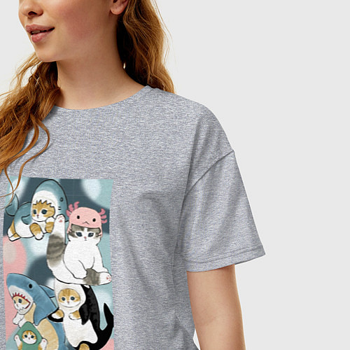 Женская футболка оверсайз Котики и зверята милые стикер-мемы / Меланж – фото 3