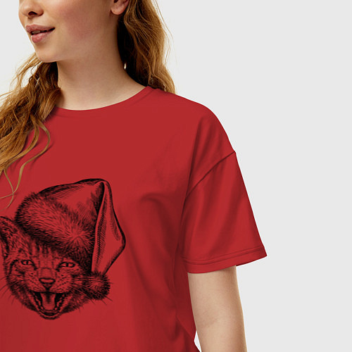Женская футболка оверсайз Новогодний котенок в колпаке / Красный – фото 3