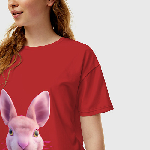 Женская футболка оверсайз Розовый заяц - портрет кролика / Красный – фото 3