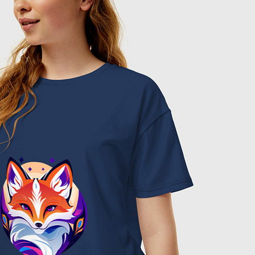 Женская футболка оверсайз Яркий портрет лисы / Тёмно-синий – фото 3