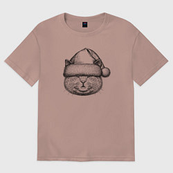 Футболка оверсайз женская Кот Дед Мороз, цвет: пыльно-розовый