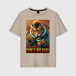 Футболка оверсайз женская Punks not dead - motto tiger, цвет: миндальный