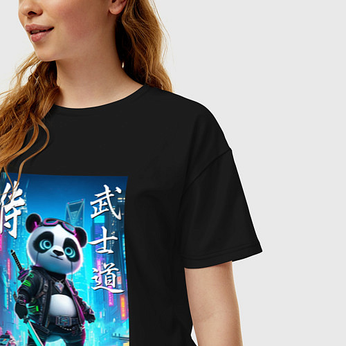 Женская футболка оверсайз Panda samurai - bushido ai art / Черный – фото 3