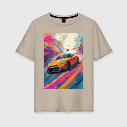 Футболка оверсайз женская Nissan GT-R дрифт в городе, цвет: миндальный