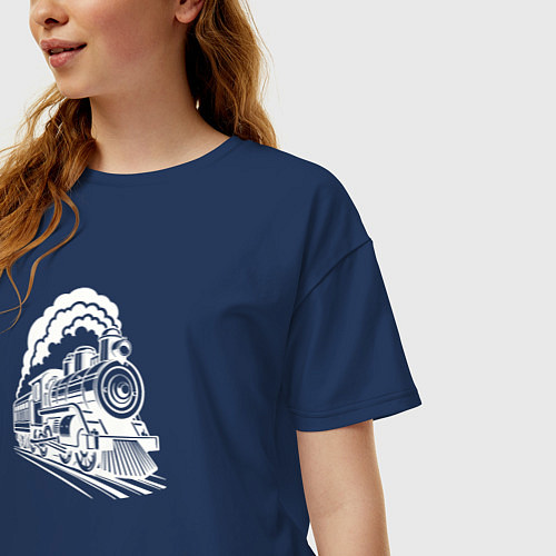Женская футболка оверсайз Иллюстрация парового локомотива / Тёмно-синий – фото 3