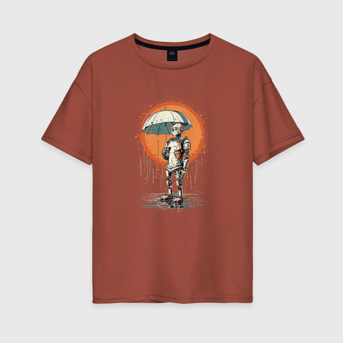 Женская футболка оверсайз Робот под дождём с зонтом / Кирпичный – фото 1