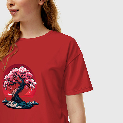 Женская футболка оверсайз Цветение сакуры на фоне восхода солнца / Красный – фото 3