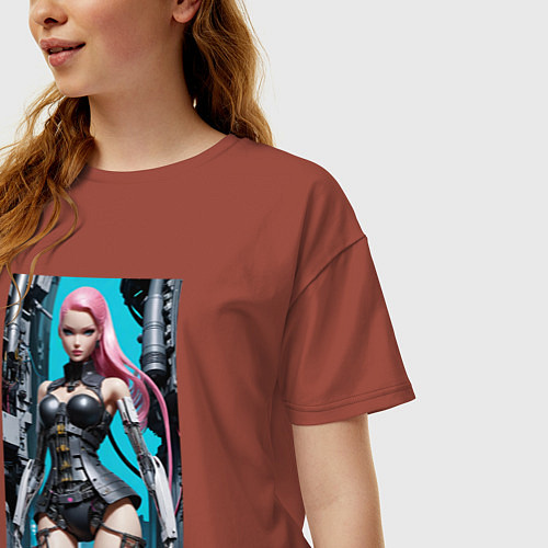 Женская футболка оверсайз Barbie cyber warrior - ai art fantasy / Кирпичный – фото 3