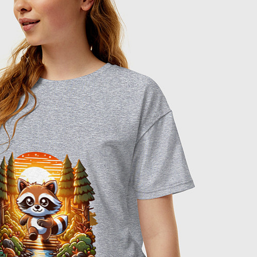 Женская футболка оверсайз Енот шагает по лесу / Меланж – фото 3