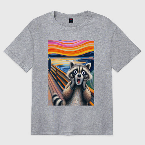 Женская футболка оверсайз Енот кричит - мем нейросеть / Меланж – фото 1