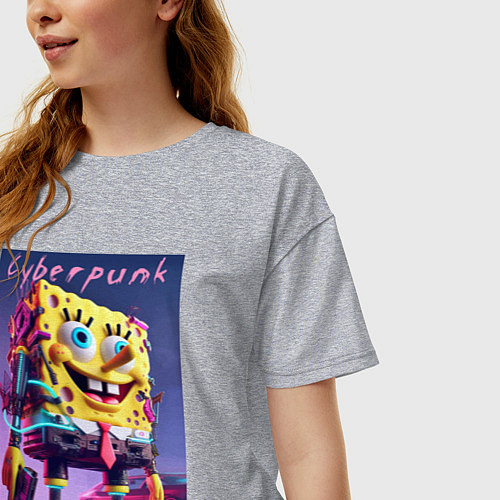 Женская футболка оверсайз Sponge Bob with a pistol - cyberpunk ai art / Меланж – фото 3