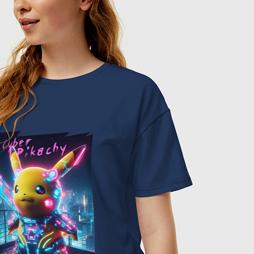 Женская футболка оверсайз Cyber Pikachu - neon glow ai art fantasy / Тёмно-синий – фото 3