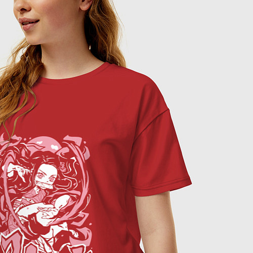 Женская футболка оверсайз Клинок рассекающий демонов Незуко угловатый / Красный – фото 3
