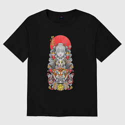 Футболка оверсайз женская Девушка ниндзя и тигр, цвет: черный