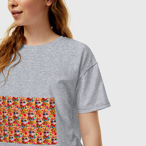 Женская футболка оверсайз Коты и летний вайб паттерн / Меланж – фото 3