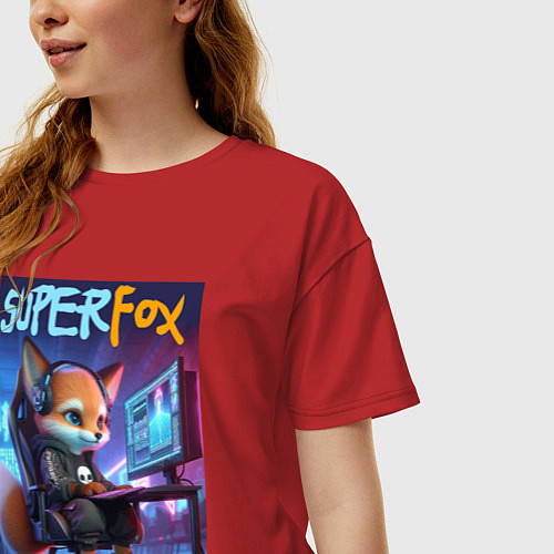 Женская футболка оверсайз Super fox gamer - ai art fantasy / Красный – фото 3