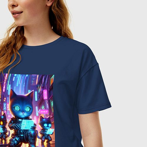 Женская футболка оверсайз Продвинутые кибер котята - неоновое свечение / Тёмно-синий – фото 3