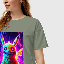 Футболка оверсайз женская Пикачу монстр - хэллоуинский хоррор, цвет: авокадо — фото 2