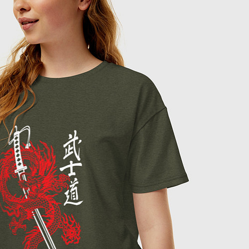 Женская футболка оверсайз Кодекс самурая - путь воина / Меланж-хаки – фото 3