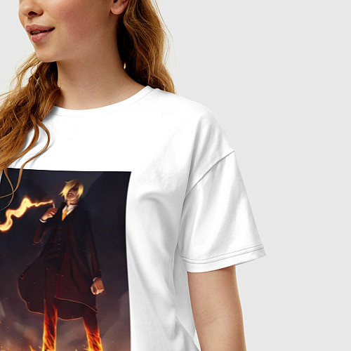 Женская футболка оверсайз Ван-Пис Санджи огненная нога / Белый – фото 3