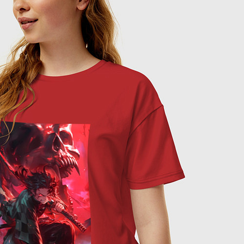 Женская футболка оверсайз Клинок, рассекающий демонов Тандзиро Камадо дыхани / Красный – фото 3