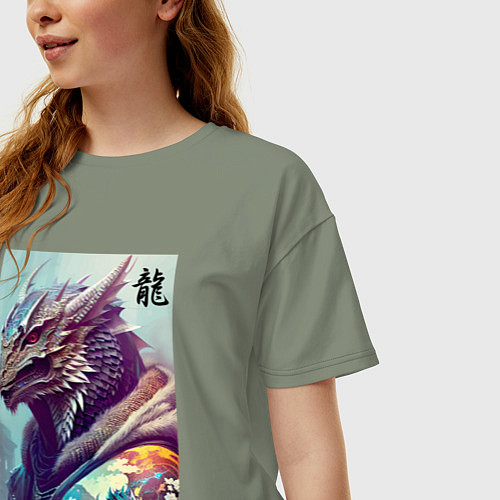 Женская футболка оверсайз Cool dragon - hieroglyph ai art / Авокадо – фото 3