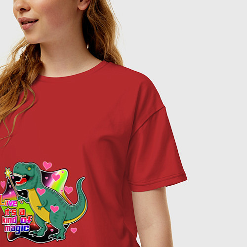 Женская футболка оверсайз Любовь это магия динозавр с волшебной палочкой / Красный – фото 3
