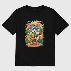 Футболка оверсайз женская Мышонок играет на гитаре жарким летом, цвет: черный