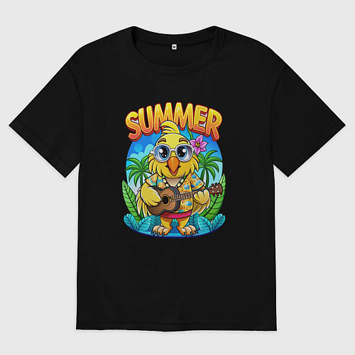 Женская футболка оверсайз Попугай играет на гитаре жарким летом / Черный – фото 1