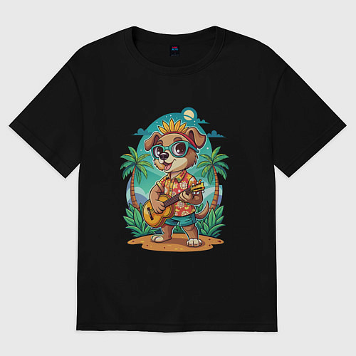 Женская футболка оверсайз Щенок играет на гитаре жарким летом / Черный – фото 1