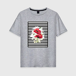 Футболка оверсайз женская Акварельные маки на полосатом фоне, цвет: меланж