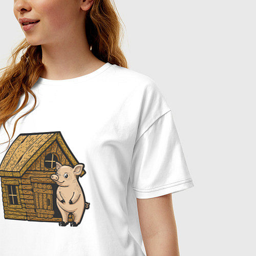 Женская футболка оверсайз Свинка и деревянный дом / Белый – фото 3