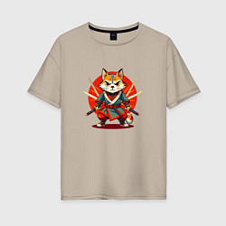 Футболка оверсайз женская Рыжий кот самурай с мечами, цвет: миндальный