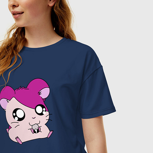 Женская футболка оверсайз Хамтаро - Розовый хомячок с семечкой / Тёмно-синий – фото 3