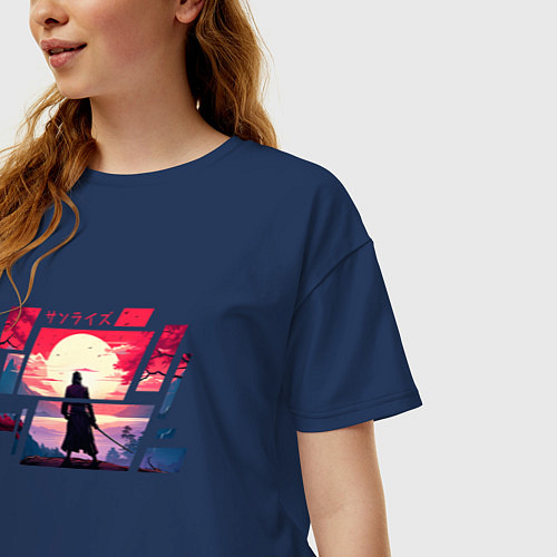 Женская футболка оверсайз Самурай - восход / Тёмно-синий – фото 3