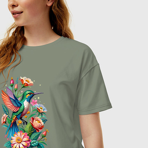 Женская футболка оверсайз Колибри среди цветов / Авокадо – фото 3