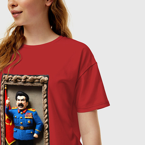 Женская футболка оверсайз Вязанный Сталин грозит пальцем - детское творчеств / Красный – фото 3