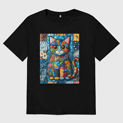 Футболка оверсайз женская Прикольный котик - пэчворк, цвет: черный