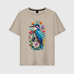 Футболка оверсайз женская Птица зимородок среди цветов, цвет: миндальный