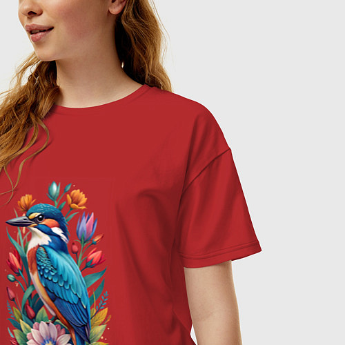 Женская футболка оверсайз Птица зимородок среди цветов / Красный – фото 3