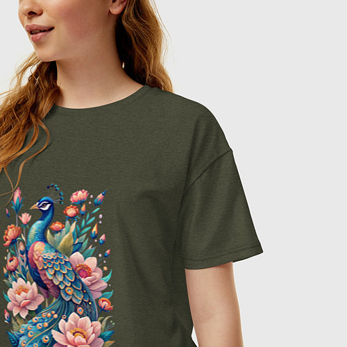 Женская футболка оверсайз Павлин среди цветов / Меланж-хаки – фото 3