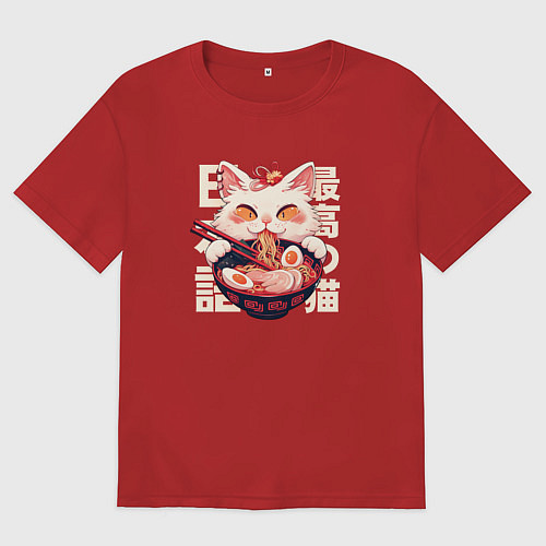 Женская футболка оверсайз Ramen and cat japan style / Красный – фото 1