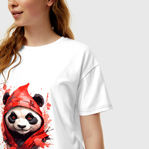 Женская футболка оверсайз Модная панда в красном капюшоне / Белый – фото 3